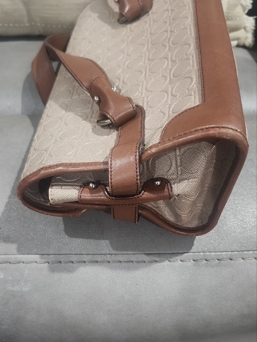 Salvatore Ferragamo Beige Monogram Satchel with Brown Leather Trim - Picture 6 of 10